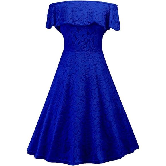 💙 Off Shoulder Lace Retro Pinup Vintage 1950s Cocktail Ruffle Blue Dress L NWT - Picture 3 of 16